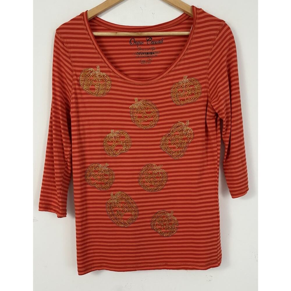 Onque Casuals Gold Pumpkin Rhinestone Top Womens M Orange Striped Scoop Neck